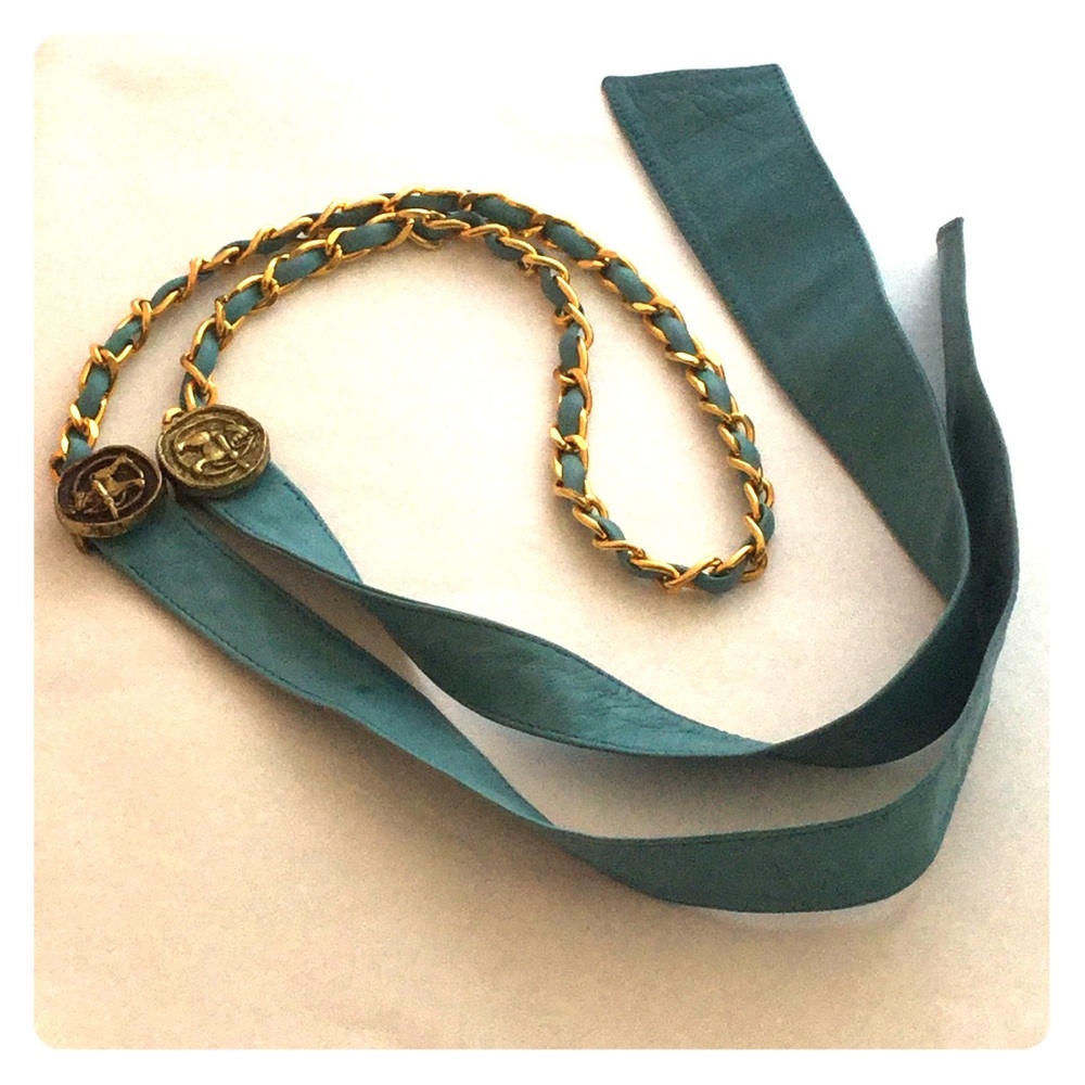 VINTAGE CHANEL Turquoise  Leather Gold Chain Belt